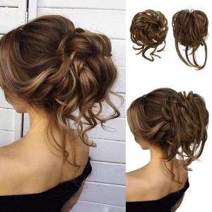 SARLA 2PCS Blonde Messy Bun Hair Pieces for Women Detachable Claw Clip Wavy Curly Synthetic Hairpieces for Updos with Tendrils Fake Scrunchies Ponytail Extension Dirty Blonde(2PCS-Chocolate-No Clip)