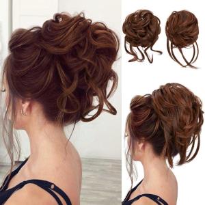 SARLA 2PCS Blonde Messy Bun Hair Pieces for Women Detachable Claw Clip Wavy Curly Synthetic Hairpieces for Updos with Tendrils Fake Scrunchies Ponytail Extension Dirty Blonde(2PCS-Red Vino-No Clip)