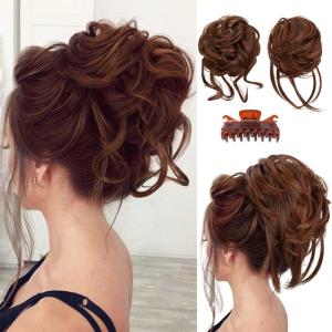 SARLA 2PCS Blonde Messy Bun Hair Pieces for Women Detachable Claw Clip Wavy Curly Synthetic Hairpieces for Updos with Tendrils Fake Scrunchies Ponytail Extension Dirty Blonde(2PCS-Red Vino)