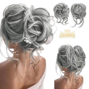SARLA 2PCS Blonde Messy Bun Hair Pieces for Women Detachable Claw Clip Wavy Curly Synthetic Hairpieces for Updos with Tendrils Fake Scrunchies Ponytail Extension Dirty Blonde(2PCS-Dark Grey)
