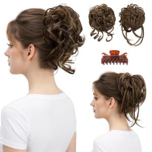 SARLA 2PCS Blonde Messy Bun Hair Pieces for Women Detachable Claw Clip Wavy Curly Synthetic Hairpieces for Updos with Tendrils Fake Scrunchies Ponytail Extension Dirty Blonde(2PCS-Coffee Brown)