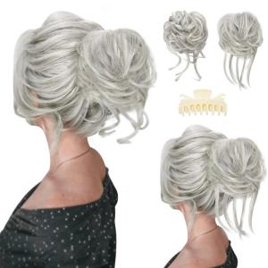 SARLA 2PCS Blonde Messy Bun Hair Pieces for Women Detachable Claw Clip Wavy Curly Synthetic Hairpieces for Updos with Tendrils Fake Scrunchies Ponytail Extension Dirty Blonde(2PCS-Grey Multi)