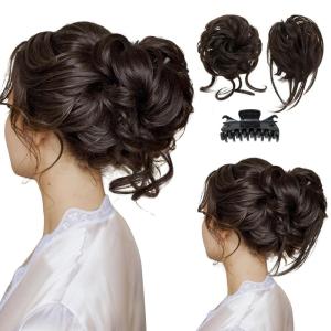 SARLA 2PCS Blonde Messy Bun Hair Pieces for Women Detachable Claw Clip Wavy Curly Synthetic Hairpieces for Updos with Tendrils Fake Scrunchies Ponytail Extension Dirty Blonde(2PCS-Dark Brown)