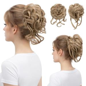SARLA 2PCS Blonde Messy Bun Hair Pieces for Women Detachable Claw Clip Wavy Curly Synthetic Hairpieces for Updos with Tendrils Fake Scrunchies Ponytail Extension Dirty Blonde(2PCS-Sand-No Clip)