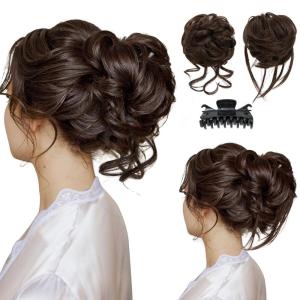 SARLA 2PCS Blonde Messy Bun Hair Pieces for Women Detachable Claw Clip Wavy Curly Synthetic Hairpieces for Updos with Tendrils Fake Scrunchies Ponytail Extension Dirty Blonde(2PCS-Dark Chocolate)