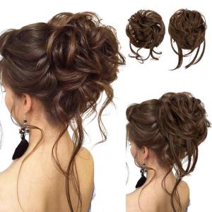 SARLA 2PCS Blonde Messy Bun Hair Pieces for Women Detachable Claw Clip Wavy Curly Synthetic Hairpieces for Updos with Tendrils Fake Scrunchies Ponytail Extension Dirty Blonde(2PCS-Chocolate Multi-No Clip)