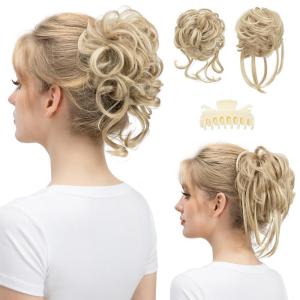SARLA 2PCS Blonde Messy Bun Hair Pieces for Women Detachable Claw Clip Wavy Curly Synthetic Hairpieces for Updos with Tendrils Fake Scrunchies Ponytail Extension Dirty Blonde(2PCS-Dirty Blonde)
