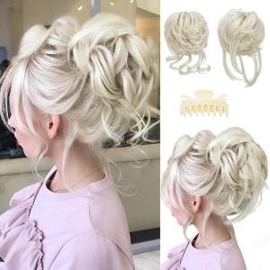 SARLA 2PCS Blonde Messy Bun Hair Pieces for Women Detachable Claw Clip Wavy Curly Synthetic Hairpieces for Updos with Tendrils Fake Scrunchies Ponytail Extension Dirty Blonde(2PCS-Platin Blonde)