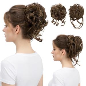 SARLA 2PCS Blonde Messy Bun Hair Pieces for Women Detachable Claw Clip Wavy Curly Synthetic Hairpieces for Updos with Tendrils Fake Scrunchies Ponytail Extension Dirty Blonde(2PCS-Coffee Brown-No Clip)