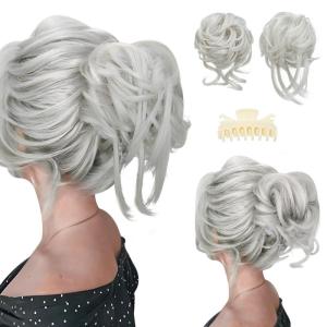 SARLA 2PCS Blonde Messy Bun Hair Pieces for Women Detachable Claw Clip Wavy Curly Synthetic Hairpieces for Updos with Tendrils Fake Scrunchies Ponytail Extension Dirty Blonde(2PCS-White)