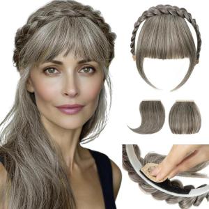 SARLA Braided Headband with 3 Detachable Clip in Bangs Fringe Hairpieces Fake Synthetic Hair Band Bangs for Women Coffee Brown(Ash Grey)