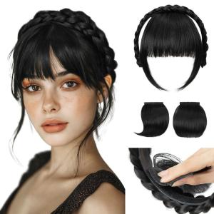 SARLA Braided Headband with 3 Detachable Clip in Bangs Fringe Hairpieces Fake Synthetic Hair Band Bangs for Women Coffee Brown(Black)