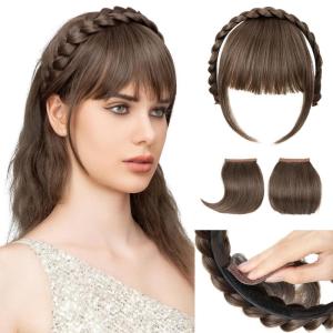 SARLA Braided Headband with 3 Detachable Clip in Bangs Fringe Hairpieces Fake Synthetic Hair Band Bangs for Women Coffee Brown(Coffee Brown)