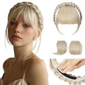 SARLA Braided Headband with 3 Detachable Clip in Bangs Fringe Hairpieces Fake Synthetic Hair Band Bangs for Women Coffee Brown(Cream Blonde)