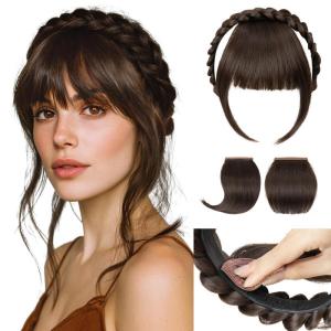 SARLA Braided Headband with 3 Detachable Clip in Bangs Fringe Hairpieces Fake Synthetic Hair Band Bangs for Women Coffee Brown(Dark Chocolate)