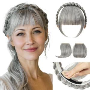 SARLA Braided Headband with 3 Detachable Clip in Bangs Fringe Hairpieces Fake Synthetic Hair Band Bangs for Women Coffee Brown(Grey Multi)