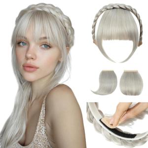SARLA Braided Headband with 3 Detachable Clip in Bangs Fringe Hairpieces Fake Synthetic Hair Band Bangs for Women Coffee Brown(Ice Blonde)