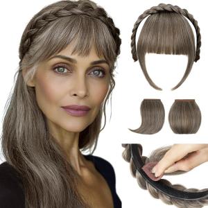 SARLA Braided Headband with 3 Detachable Clip in Bangs Fringe Hairpieces Fake Synthetic Hair Band Bangs for Women Coffee Brown(Middle Grey)