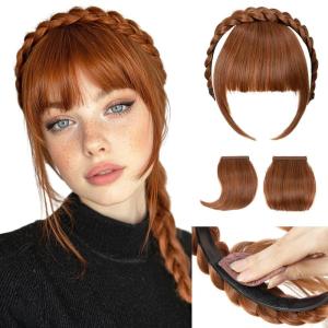 SARLA Braided Headband with 3 Detachable Clip in Bangs Fringe Hairpieces Fake Synthetic Hair Band Bangs for Women Coffee Brown(Tizian Red)