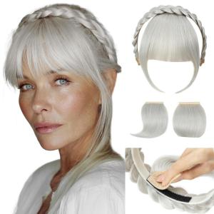 SARLA Braided Headband with 3 Detachable Clip in Bangs Fringe Hairpieces Fake Synthetic Hair Band Bangs for Women Coffee Brown(White)