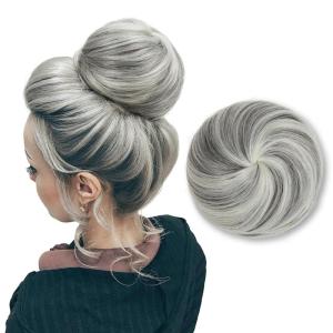SARLA Dark Brown Hair Buns Extension Drawstring Updo Donut Chignon Straight Synthetic Fake Ballet Bun for Women Lady 1 Pcs(Grey Multi)