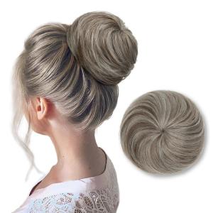 SARLA Dark Brown Hair Buns Extension Drawstring Updo Donut Chignon Straight Synthetic Fake Ballet Bun for Women Lady 1 Pcs(Middle Grey)