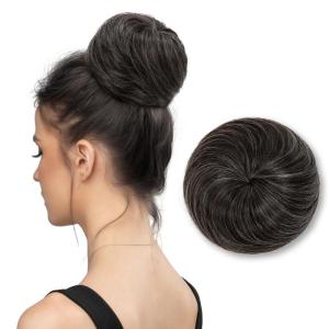 SARLA Dark Brown Hair Buns Extension Drawstring Updo Donut Chignon Straight Synthetic Fake Ballet Bun for Women Lady 1 Pcs(Pepper Grey)