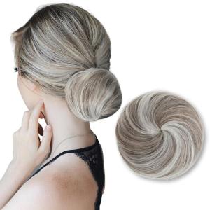 SARLA Dark Brown Hair Buns Extension Drawstring Updo Donut Chignon Straight Synthetic Fake Ballet Bun for Women Lady 1 Pcs(Polar Silver)