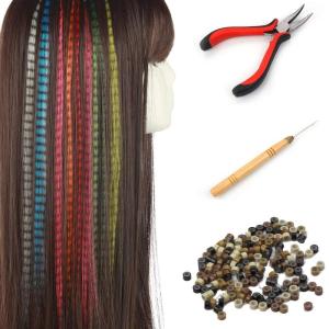 SARLA Feather Hair Extensions Kit Synthetic 16 Inch 100 Pcs I-tip Hair Feathers for Women 10 Mixed Colors with Plier Hook Beads Heat Friendly Fiber(100 pieces + tools)