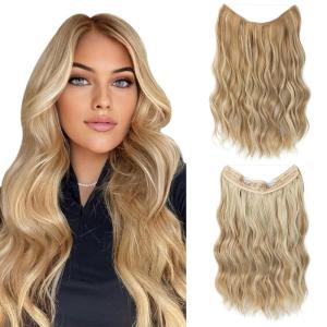SARLA Invisible Wire Hair Extension with 3 Clips Synthetic Long Beach Wave Hairpiece Transparent Adjustable Headband for Women 24 Inch Medium Ash Brown(Honey Blonde / Bleach Blonde)
