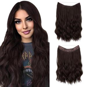 SARLA Invisible Wire Hair Extension with 3 Clips Synthetic Long Beach Wave Hairpiece Transparent Adjustable Headband for Women 24 Inch Medium Ash Brown(Dark Brown)