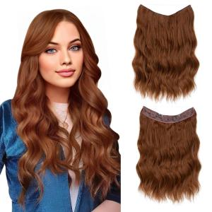 SARLA Invisible Wire Hair Extension with 3 Clips Synthetic Long Beach Wave Hairpiece Transparent Adjustable Headband for Women 24 Inch Medium Ash Brown(Light Auburn)