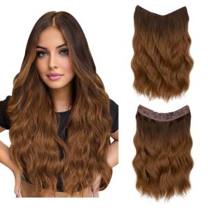 SARLA Invisible Wire Hair Extension with 3 Clips Synthetic Long Beach Wave Hairpiece Transparent Adjustable Headband for Women 24 Inch Medium Ash Brown(Brown to Golden)