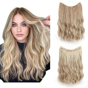 SARLA Invisible Wire Hair Extension with 3 Clips Synthetic Long Beach Wave Hairpiece Transparent Adjustable Headband for Women 24 Inch Medium Ash Brown(Dirty Blonde)