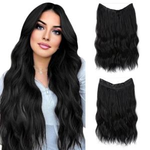 SARLA Invisible Wire Hair Extension with 3 Clips Synthetic Long Beach Wave Hairpiece Transparent Adjustable Headband for Women 24 Inch Medium Ash Brown(Jet Black)