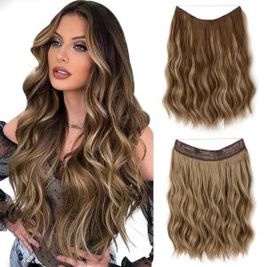 SARLA Invisible Wire Hair Extension with 3 Clips Synthetic Long Beach Wave Hairpiece Transparent Adjustable Headband for Women 24 Inch Medium Ash Brown(Medium Ash Brown)