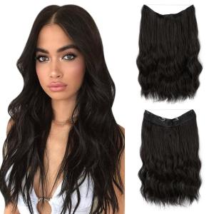 SARLA Invisible Wire Hair Extension with 3 Clips Synthetic Long Beach Wave Hairpiece Transparent Adjustable Headband for Women 24 Inch Medium Ash Brown(Black Brown)