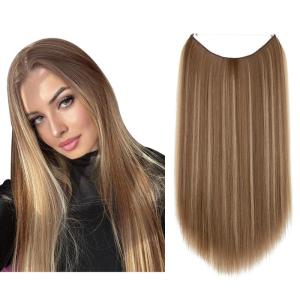 SARLA Invisible Wire Hair Extensions Straight Long Synthetic Hairpieces 22 Inch Adjustable Transparent Headband for Women Dirty Blonde(Ash Medium Brown/Ash Blonde)