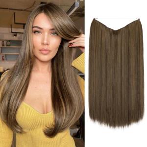 SARLA Invisible Wire Hair Extensions Straight Long Synthetic Hairpieces 22 Inch Adjustable Transparent Headband for Women Dirty Blonde(Coffee Brown)