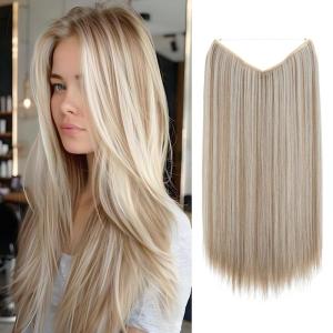 SARLA Invisible Wire Hair Extensions Straight Long Synthetic Hairpieces 22 Inch Adjustable Transparent Headband for Women Dirty Blonde(Ivory Blonde)