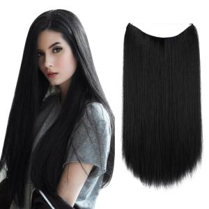 SARLA Invisible Wire Hair Extensions Straight Long Synthetic Hairpieces 22 Inch Adjustable Transparent Headband for Women Dirty Blonde(Jet Black)