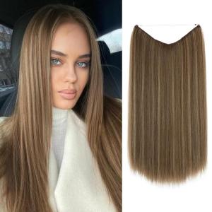 SARLA Invisible Wire Hair Extensions Straight Long Synthetic Hairpieces 22 Inch Adjustable Transparent Headband for Women Dirty Blonde(Sandy Brunette)