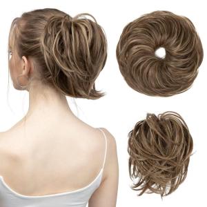 SARLA Messy Hair Bun Hair Pieces Curly Synthetic Updo Fake Scrunchies Ponytail Extension for Women Dirty Blonde 1PCS(1PC-Brunette / Ash Blonde)