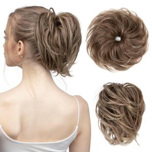 SARLA Messy Hair Bun Hair Pieces Curly Synthetic Updo Fake Scrunchies Ponytail Extension for Women Dirty Blonde 1PCS(1PC-Brunette and Ash Blonde Tips)