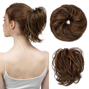 SARLA Messy Hair Bun Hair Pieces Curly Synthetic Updo Fake Scrunchies Ponytail Extension for Women Dirty Blonde 1PCS(1PC-Dark Brown / Golden Blonde)