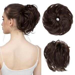 SARLA Messy Hair Bun Hair Pieces Curly Synthetic Updo Fake Scrunchies Ponytail Extension for Women Dirty Blonde 1PCS(1PC-Dark Brown)