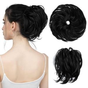 SARLA Messy Hair Bun Hair Pieces Curly Synthetic Updo Fake Scrunchies Ponytail Extension for Women Dirty Blonde 1PCS(1PC-Jet Black)