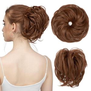 SARLA Messy Hair Bun Hair Pieces Curly Synthetic Updo Fake Scrunchies Ponytail Extension for Women Dirty Blonde 1PCS(1PC-Light Auburn)