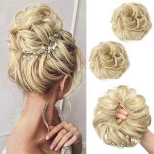 SARLA Messy Hair Bun Hair Pieces Curly Synthetic Updo Fake Scrunchies Ponytail Extension for Women Dirty Blonde 1PCS(2PCS-Ash Blonde)