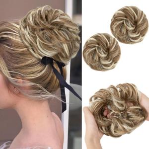 SARLA Messy Hair Bun Hair Pieces Curly Synthetic Updo Fake Scrunchies Ponytail Extension for Women Dirty Blonde 1PCS(2PCS-Bahama Beige)